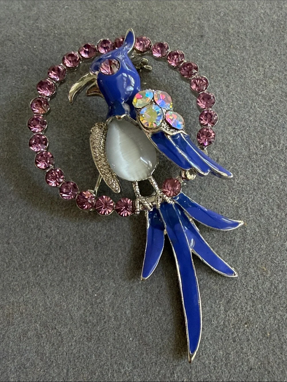 Vintage Blue Parrot Crystal Brooch Pin